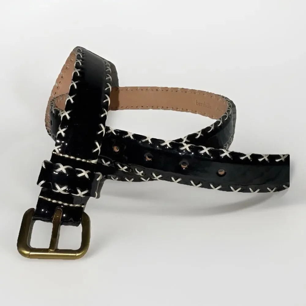 Berthille Cross Stitch Black Patent Leather Belt Luxury Hand Made In France 90